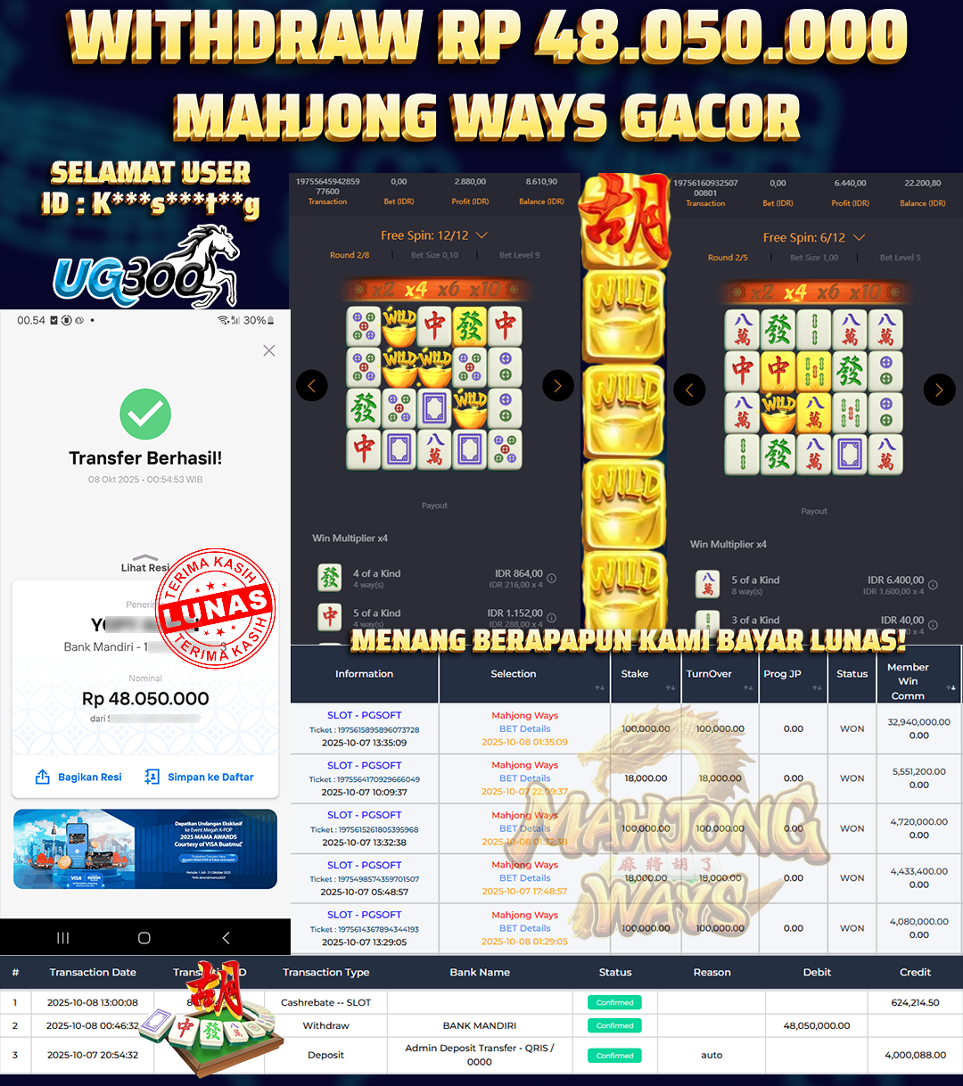 UG300 BERMAIN DI MAHJONG WAYS JACKPOT  Rp.48,050,000- DI BAYAR TUNTAS